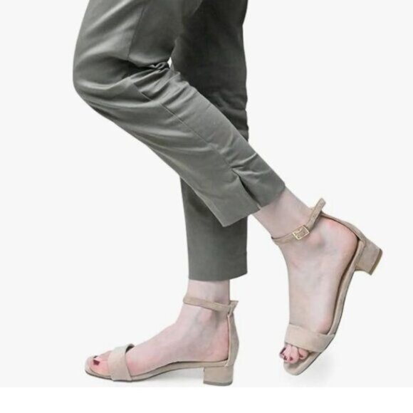 XYD Nude Suede Open Toe Ankle Strap Buckled Low Chunky Heel Dress Sandal - Picture 1 of 8